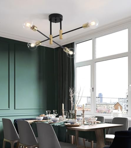 Modern Sputnik Chandelier - Industrial Semi Flush Mount Ceiling Light Fixtures Vintage Black Gold Pendant Lighting (Black, 4-Light)