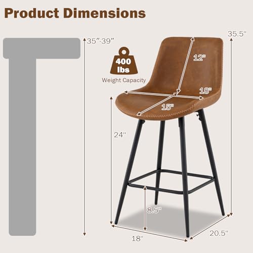 Taburetes de bar COSTWAY de cuero sintético, sillas altas de 24 pulgadas con respaldo ergonómico y reposapiés, patas metálicas resistentes, para isla de cocina o bar, fácil montaje, marrón + negro (juego de 2) miniatura 3
