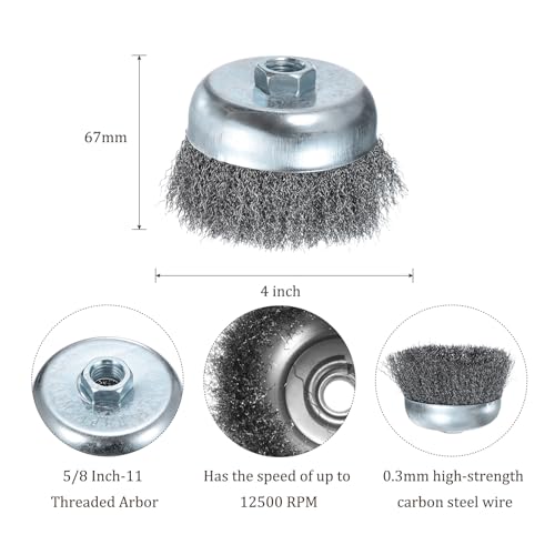 Image of Wire Cup Brush for Grinder - [4 Inch] Coarse Crimped for Paint Stripping Cleaning Rust Duty Conditioning, 5 /8 Inch-11 Threaded Arbor, Silver Tone
