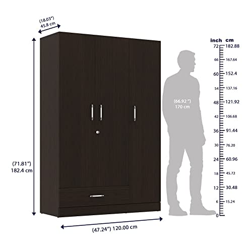 Image of Wakefit Wardrobe | 1 Year Warranty | Engineered Wood Almirah, Cupboard for Clothes Storage | 3 Door, 2 Drawers, 1 Hanging Space | Gingham - Wenge