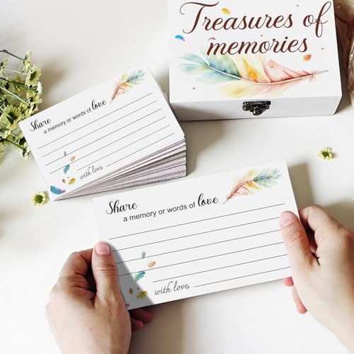 Image of Gilprop 112 Pcs Celebration of Life Memory Cards Set Share a Memory Cards with Box 2 Wood Sign with 4 Hold and 5 Pens, Sympathy Memorial Gifts Funeral Keepsake Decorations(Feather)