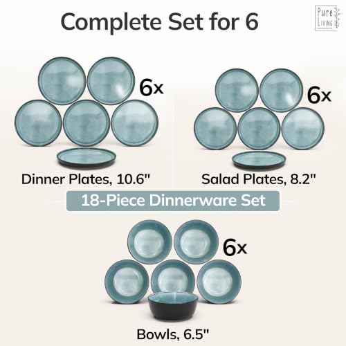 Image of 18 Piece Stoneware Dinnerware Set for 6, Handmade Plates and Bowls Set | Reactive Glaze Coating, Dishwasher & Microwave Safe Dish Set, Chip & Scratch Resistant Dishware Set, Ibiza Petrol Blue