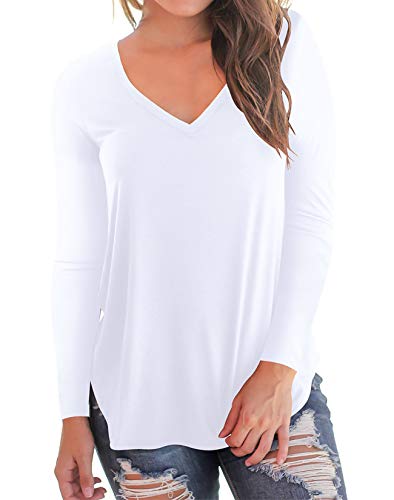NIASHOT Womens T-Shirt V Neck Long Sleeve Loose Casual Plain Tops White L