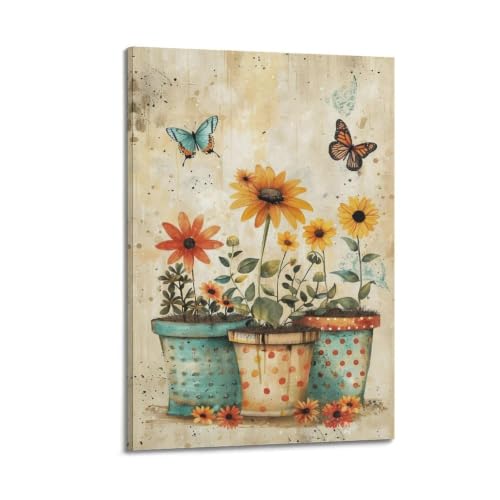 Affiches d'aquarelle de fleurs en pot et papillon 20x30 cm décor mural