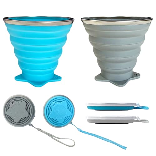 KATLKIU Lot de 2 tasses pliables en silicone 270 ml avec couvercle et crochet, verre de camping portable, randonnée, voyage, randonnée, réutilisable, duo...