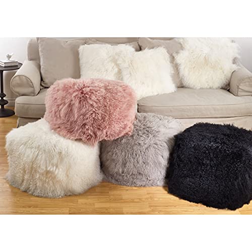 SARO LIFESTYLE PU356.BK Genuine Real Mongolian 100% Wool Lamb Fur Pouf Ottoman, Black, 18" x 18" x 16"