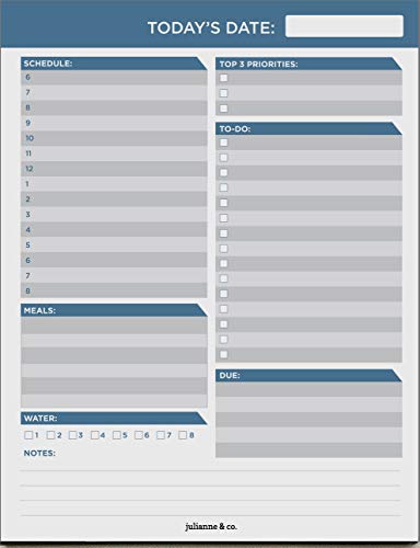 JULIANNE & CO Daily To-Do Planner Notepad - Premium Personal Planner Tear-Away Organizer, Home and Office Work Journal, 50 Pages for Daily Tasks, Notes, Water Intake and Meal Prep (Exec Blue)