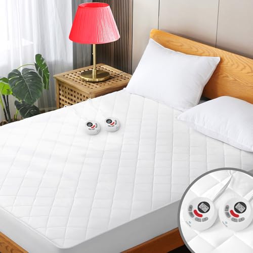 Heated Mattress Pad Queen Size Quilted Zone Heating Electric Bed Warmer Luxury Comfort Heat Mattress Pad Cover Dual Controller(10 Heat Setting | 1-12 Hours Auto Shut Off | with 8-21 Inch Deep Pocket)
