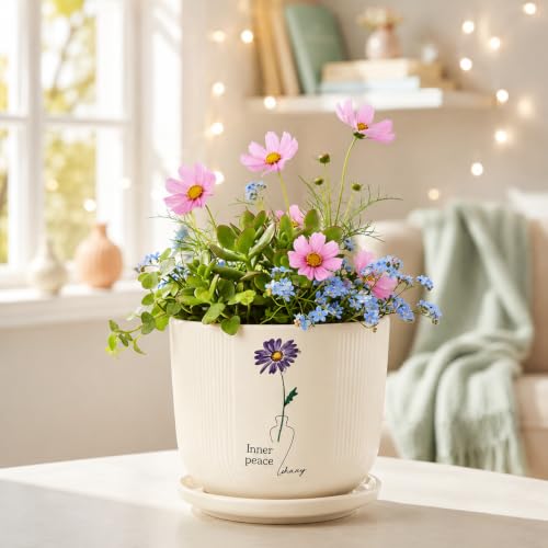 Image of Xtore Serene Floral Ceramic Planter with Saucer for Home & Office Decor | Ribbed Flower Pot with Botanical Artwork for Living Room, Bedroom, Balcony, Desk, Shelf & Window Styling (Off-White)