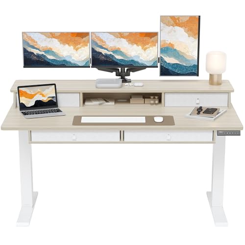 Image of ErGear Electric Standing Desk with 4 Drawers, 55" x 30" Height Adjustable Desk with Storage, C-Clamp Mount Compatible, Computer Home Office Table with Cable Management Tray, Natural