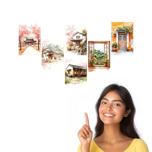Image of SiddArtify Watercolor Asian Wall Art Prints Set - Traditional Building Poster Decor for Living Room Bedroom Office - Set of 2-4x6 Inch - Board (Pack of 6) - Sticker (Pack of 6)