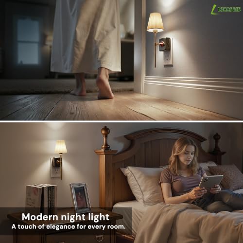 Image of L LOHAS LED Night Lights Plug into Wall, 2 Pack Pleated Fabric Cover Night Light, 5000K Daylight with 0-100LM Dimmable Night-light, Dusk to Dawn Sensor Vintage Nightlight for Bedroom Living Room