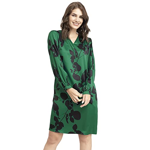 Image of FableStreet Women's V-Neck Green Satin Floral Dress