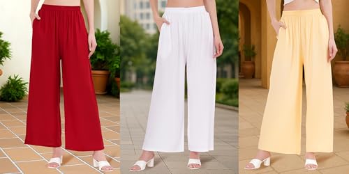 Image of Buy That Trendz Palazzo Pants for Women Rayon Elasticated Regular Fit Flared Wide Leg M to 6XL Pack of 3