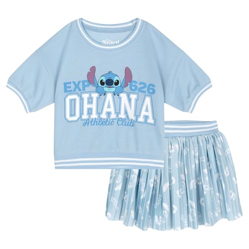 Disney Lilo & Stitch Big Girls Allover Print Drop Shoulder Short Sleeve Top and Pleated Skirt Outfit Light Blue Stitch 14-16