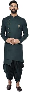 kisah Men's Indo-Western Sherwani Dhoti Set, Green Cotton Blend, Solid Dyed Regular Fit Long Sleeves Mandarin Collar-picture-43