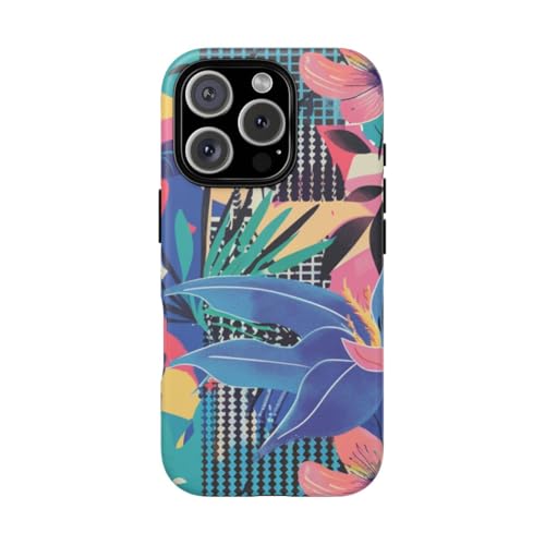 Coque iPhone 16 Pro motif floral abstrait bleu mat premium