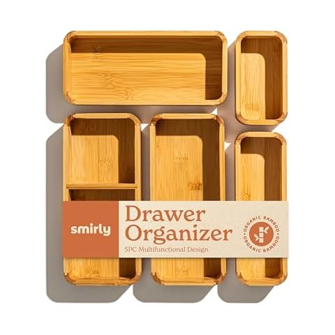 SMIRLY 5-Piece Bamboo Kitchen Drawer Organizer Set for Large and Small Utensils, Multi-use Storage Box - Bathroom, Nightstand, Jewelry, Cutlery, Knife, Spice, Towel, Junk Drawer Tray Cover