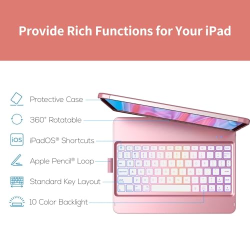 Image of GGH Keyboard Case for iPad Pro 11 Inch & Air 11 inch M4 /M3 /M2, Rose Gold | 10-Color Backlight Keyboard with Pencil Holder, 360 Rotatable, Compatible with iPad Pro 11 1st-4th Gen & Air11 M2 /M3 /M4