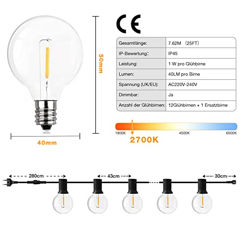 GPATIO Led-lichtketting voor buiten, 7,6 m, lichtketting, voor buiten, stroom met 12 + 1 stuks, warmwit, G40 gloeilampen, plastic, IP45 waterdicht, voor binnen en buiten, voor tuin, terras, bruiloften, feesten - Image 7