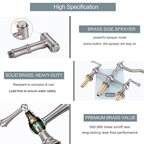 Wowow 8 Inch Centerset Bridge Kitchen Faucet With Brass Side Sprayer 2 Handles 4 Holes Antique Classic Heritage Deck-Mount Kitchen Sink Faucet, Brushed Nickel #TOP4