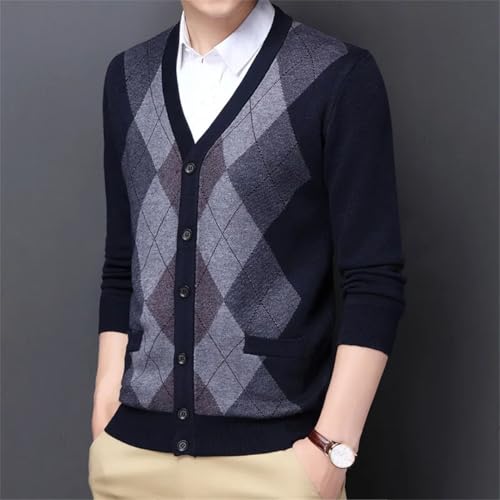 Men's Spring Fall Argyle Patchwork Knit Cardigan V-Neck Smart Slim Fit Knitted Sweatercoat3
