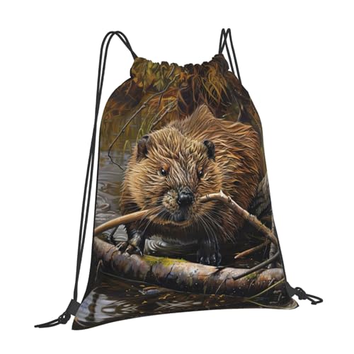 beaver working print casual drawstring backpack Gym Bag Sports, fitness, yoga, travel backpack Men Women, White2
