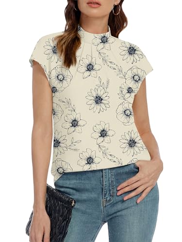 Image of Funlingo Womens Summer Tops Mock Neck Short Cap Sleeve Blouses Business Casual Work Chiffon Shirts Front Pleated Tunic Top