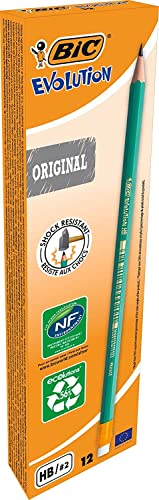 BIC Evolution Original Crayons à Papier avec Gomme Intégrée , Certifiés NF Environnement, Pointe HB, Boîte de 12