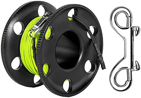 Pluzluce 100FT Big Scuba Diving Reel, Aluminum Alloy Large Scuba Spool Finger Reel with Double-Ended Bolt Snap Clip for Underwater Scuba Diving Snorkeling Spearfishing (Yellow Line Black Reel)