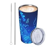 JKASDTRP Vaso de viaje de acero inoxidable de 20 onzas, taza de café de viaje a prueba de fugas con tapa y pajita, notas musicales azules, vasos para bebidas, regalos para mujeres, hombres y amantes