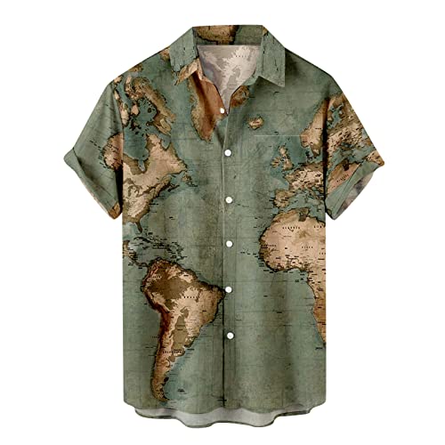 Generic Men's Button Down Hawaiian Shirts Shorts Sleeve Summer Tops for Men World Map Print Fashion 2024 T Shirt Tees