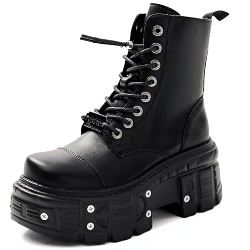 women platform Goth Ankle Boots with Studded Buckle Lace up Chunky Block Heels Lug Sole Punk Motorcycle Combat