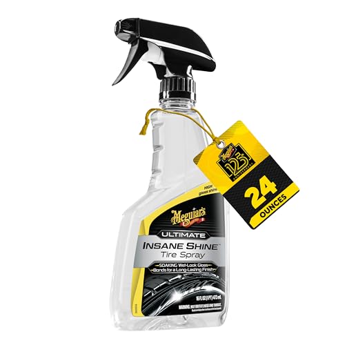 Meguiar's Ultimate Insane Shine Tire Spray - Premium Tire Dressing that Delivers a Lasting High Gloss Wet Look and is Easy to Use; Advanced Tire Shine that Bonds for a Long-Lasting Finish, 16 Oz Spray