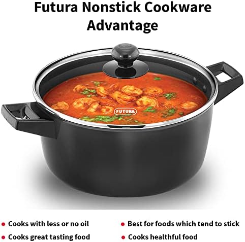 Hawkins Futura 4 Litre Cook N Serve Bowl, Non Stick Saucepan with Glass Lid, Sauce Pan for Cooking and Serving, Black (Ncb40G), 4 Liter