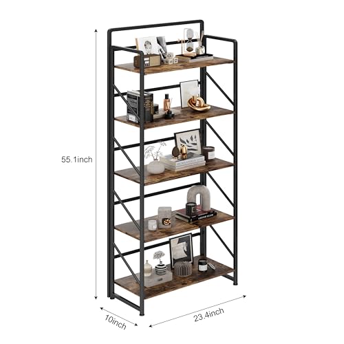 Image of JSB Folding Bookshelf,Industrial Storage Shelves, No Assembly Vintage Wood Look Bookshelf with Storage Shelves for Living Room, Bedroom, Office (Fire Brown, 5-Tier)