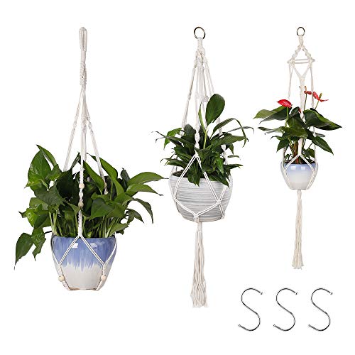 MengH-SHOP Macrame Plant Hangers Katoen Touw Opknoping Planter Mand Wit Bloem Pot Hanger met Ophanghaken voor Indoor Outdoor Decor 3 Pack