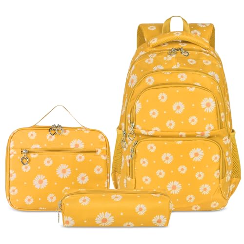 Glodwheat Daisy Printed Backpack For Girls- 3Pc Set With Lunch Box & Pencil Case, Lightweight Water-Resistant Bookbag For Elementary School by goldwheat - Used condition - US$23.90