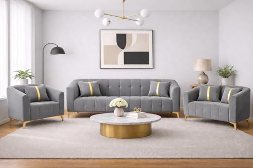 Image of Adorn India Premium Mystic - 3 Years Warranty - 3+2+1 Sofa Set Velvet Suede Fabric - Grey