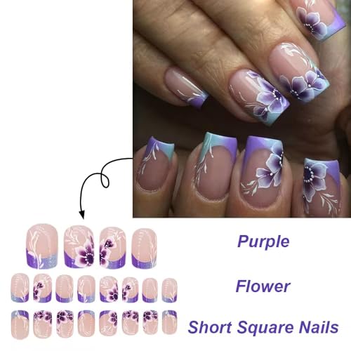 Image of French Tips Press on Nails Purple Flower Fake Nails with Ombre Design Glossy Glue on Nails Acrylic Full Cover Stick on Nails Short Square False Nails for Women Spring Manicure 24pcs