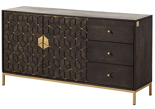 MASSIVMOEBEL24.DE Diamond Kommode aus Mango u. Eisen | Massivholz - grau geölt | 40x145x77 | 2 Türen 3 Schubladen | Push-to-Open Knopfgriffe Ornamente Mosaik Gold | Wohnzimmer-Schrank Sideboard MASSIVMOEBEL24.DE Diamond Kommode aus Mango u. Eisen | Massivholz - grau geölt | 40x145x77 | 2 Türen 3 Schubladen | Push-to-Open Knopfgriffe Ornamente Mosaik Gold | Wohnzimmer-Schrank Sideboard