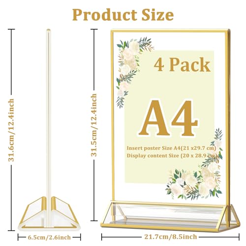 Image of Climberty 4Pcs Acrylic Sign Holders A4-Sized Golden Framed Sign Holder Double-sided Clear Advertising Flyers Display Stand Table Menu Holders
