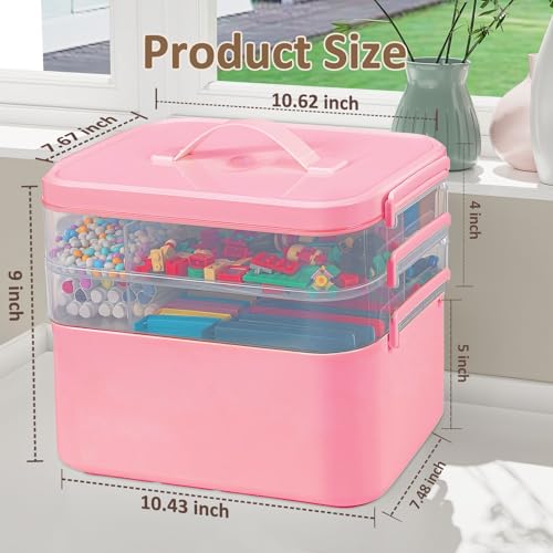 Image of Gifhomfix 3-Layer Plastic Craft Organizers and Storage Box with Removable Trays, Storage Containers with lids and Handle, Art Supply Storage Organizer for Bead, Ornament, Nail Polish, Tape(Pink)