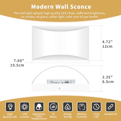 Image of White Modern LED Wall Sconce, 3 Colors Hardwired Indoor Wall Lights | 3000K /4000K /6000K, 10W Up and Down Wall Mount Light with Memory Function, Wall Lamp for Bedroom Living Room Hallway Corridor