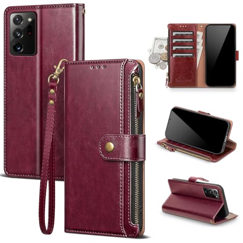 Scutumate Compatible with Samsung Galaxy Note 20 5G Wallet Case with Card Holder RFID Blocking Zipper PU Leather Flip Wrist Strap Credit Card Slots Men Women,Phone Case for Note 20 6.7',Wine Red