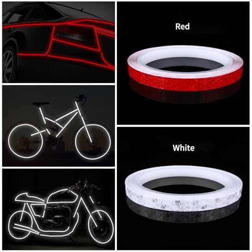 Prasacco 2 Rollen Reflektorband Selbstklebend, 10mm x 8m Reflektoren Aufkleber Selbstklebende Wasserdicht Reflektierendes Klebeband Reflektor Warnband für Straße Fahrräder Helme Motorrad (Rot, Weiß)