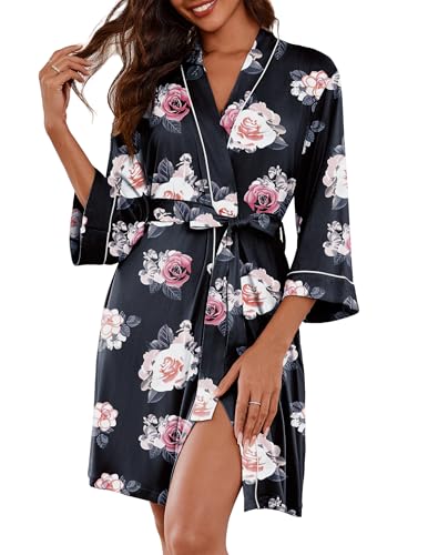 Image of Ekouaer Women Kimono Robes Knee Length Knit Bathrobe Lightweight Soft Sleepwear V-neck Casual Ladies Loungewear
