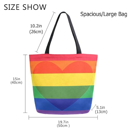 Trendy Extra Large Shoulder Grocery Tote Bag, Rainbow Pride Flag in Heart Canvas Daily Handle Bag for Gym Yoga Weekender Picnic Beach Travel Kitchen Reusable Market Shopping4