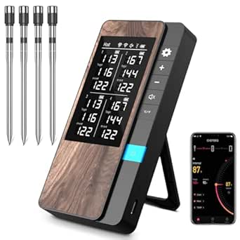 Termometro Cocina Paquete de 4, Pakinui Termometro Digital Cocina Inalámbrico con Aplicación, IP67 a Prueba de Agua Meat Thermometer, Termometro Carne para BBQ, Horno, Grill, Cocina, Asador