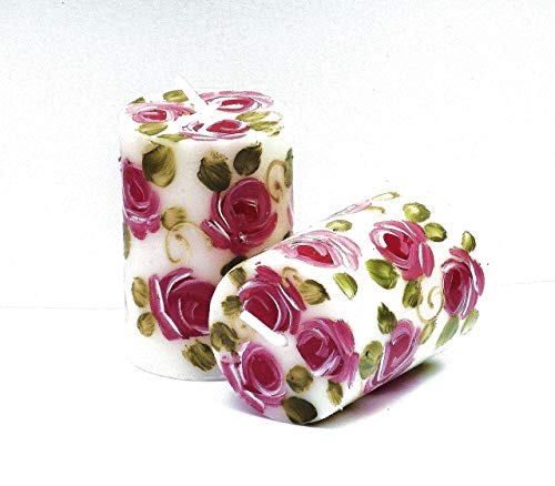 Elegant Decorative Hand Painted Pink Rose Small 2 1/2 Inch White Votive Candles Gift Set Of 2 Romantic Shabby Chic Home Decor #TOP2